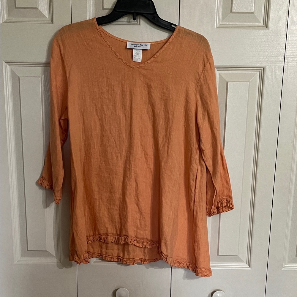 Soft V-Neck Ruffle Hem Tunic in Peach by
